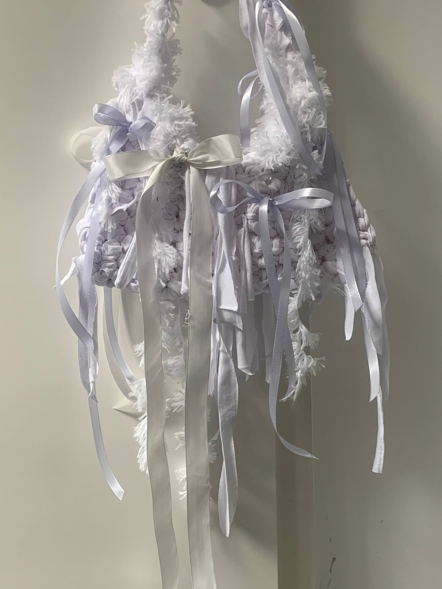 Violet and white bow bag