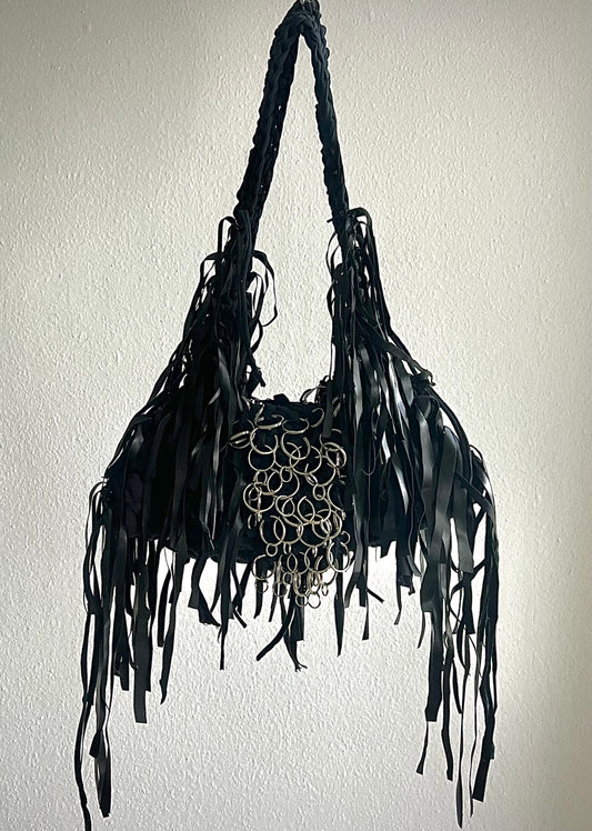 Black leather fringe bag