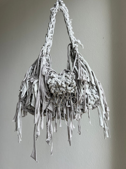 Grey spiky rings&fringe bag